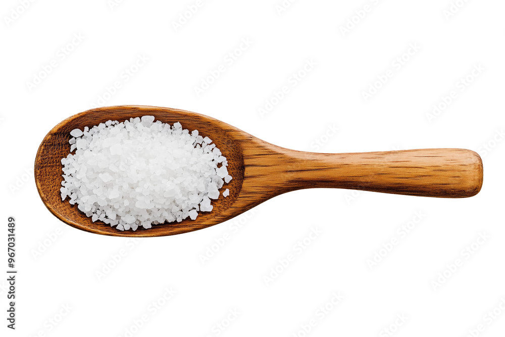 Coarse salt in wooden spoon isolated on white transparent background. Concept of cooking ingredients and seasoning essentials Coarse salt in wooden spoon isolated on white transparent background. Concept of cooking ingredients and seasoning essentials