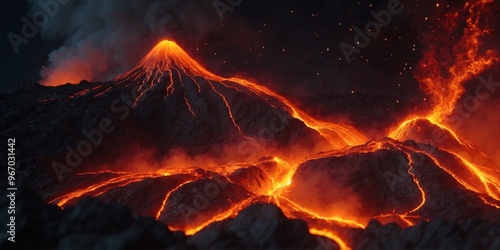 Lava flowing from an active volcano at night. photo