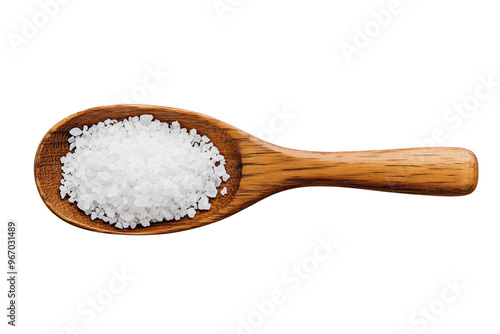 Coarse salt in wooden spoon isolated on white transparent background. Concept of cooking ingredients and seasoning essentials photo