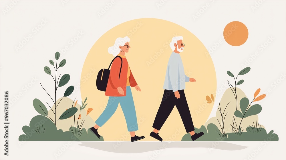 Golden Years, Golden Stroll: Elderly couple enjoying a leisurely walk amidst nature's embrace. Golden Years, Golden Stroll: Elderly couple enjoying a leisurely walk amidst nature's embrace.