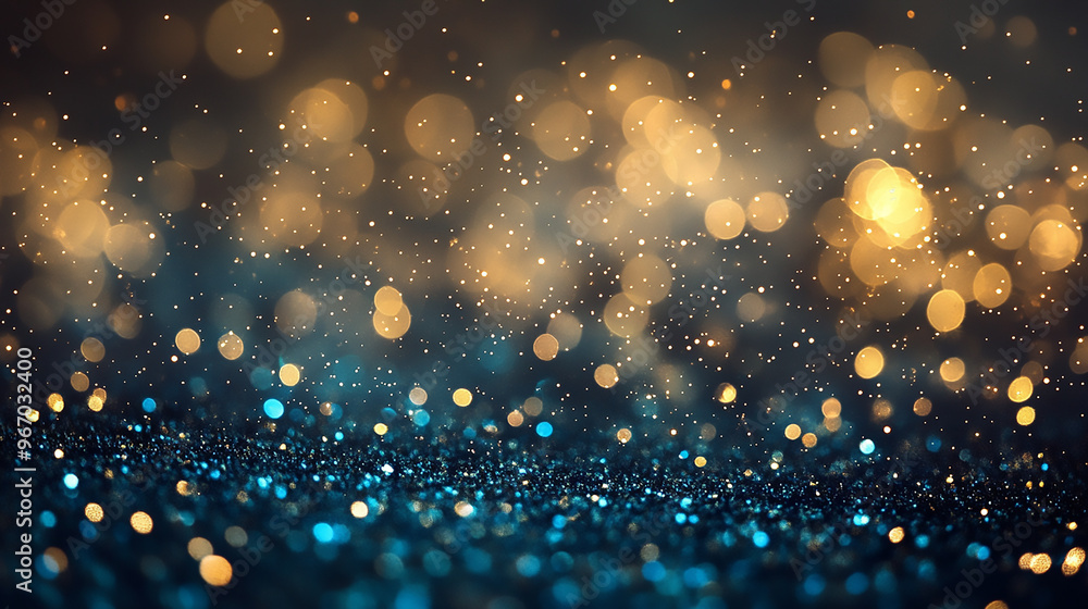 Fototapeta premium Christmas Golden light shine particles bokeh on navy background. Gold foil texture