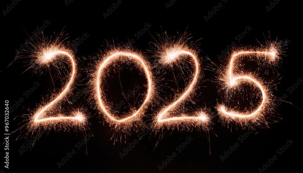 sparkling Year 2025 painted with sparkles. Written on a deep black background sparkling Year 2025 painted with sparkles. Written on a deep black background