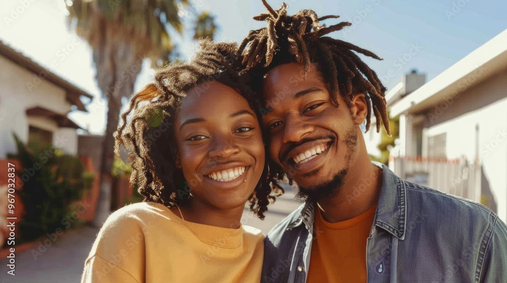 Joyful young couple posing in front of their newly purchased house. Real estate and home ownership concept. Joyful young couple posing in front of their newly purchased house. Real estate and home ownership concept.