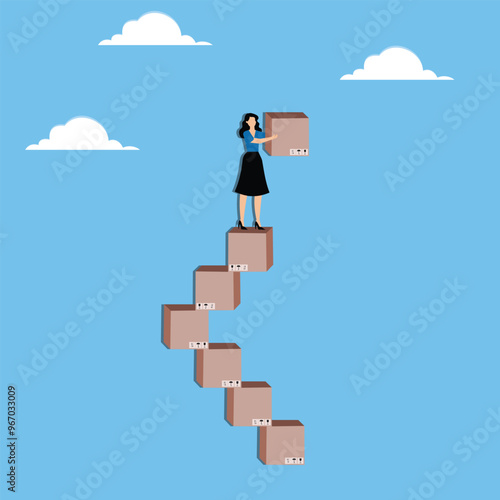 Increase online sales, growing e-commerce business, receiving more product orders from customers concept, Businesswoman building higher pile of parcel boxes