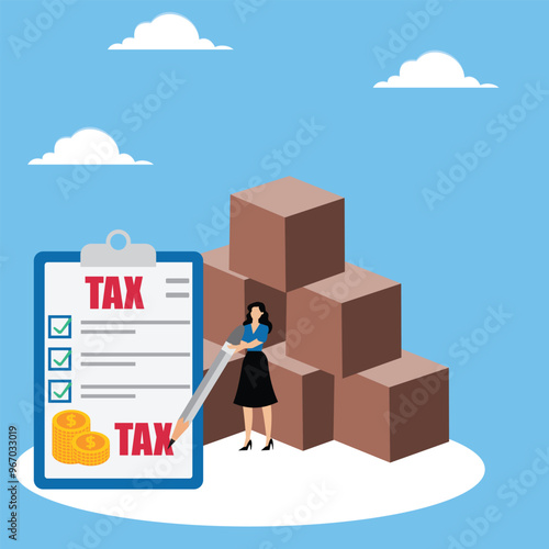 Ecommerce sales tax, calculating net revenue from selling online product before tax filing concept, Female online seller standing near delivery boxes filling out tax form