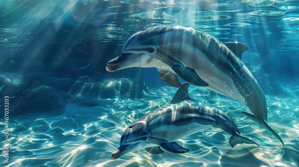 Naklejka premium Graceful mother dolphin and calf navigating deep blue waters with enchanting light patterns