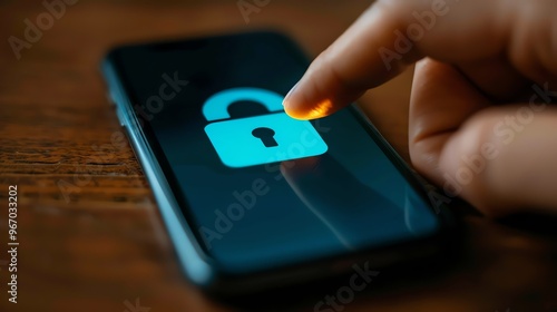 A close-up image of a smartphone screen showing a digital lock being activated by a finger, representing security and privacy.