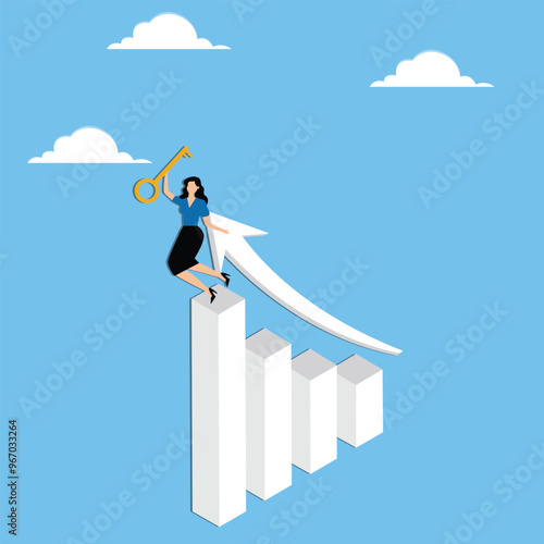 Key success for business or career growth, correct solution to increase sales or boost productivity, unlock achievement concept, Businesswoman standing on rising arrow holding bright key