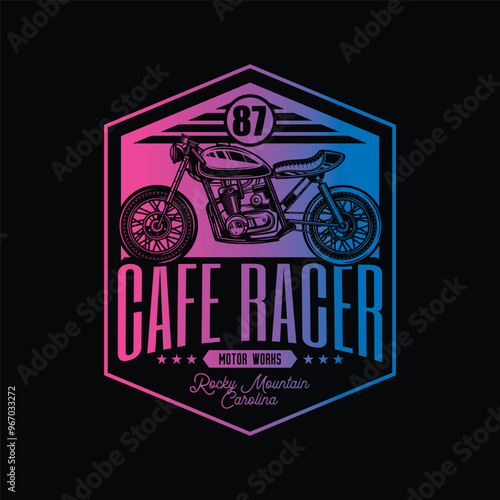 Cafe racer custom motorcycle. Original vector illustration in vintage style isolated on black background. T-shirt design.