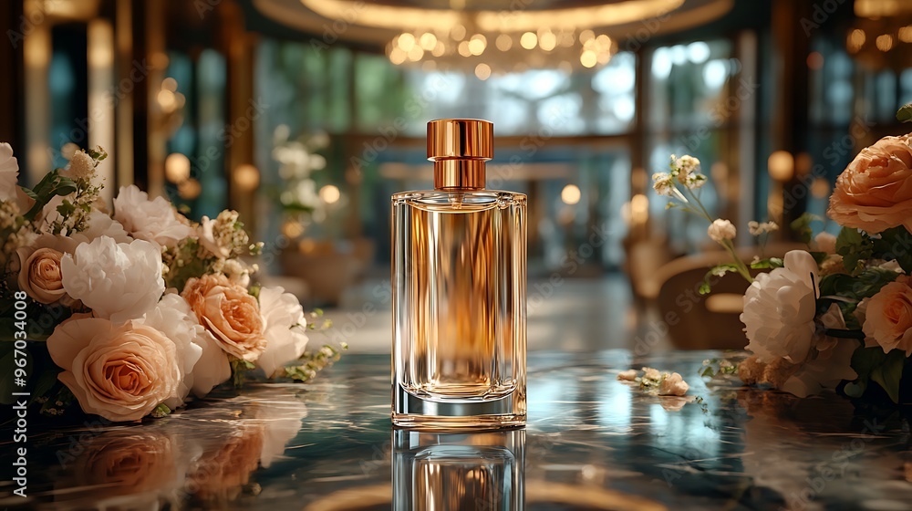 Obraz premium Luxury Perfume Bottle with Flowers on a Reflective Surface