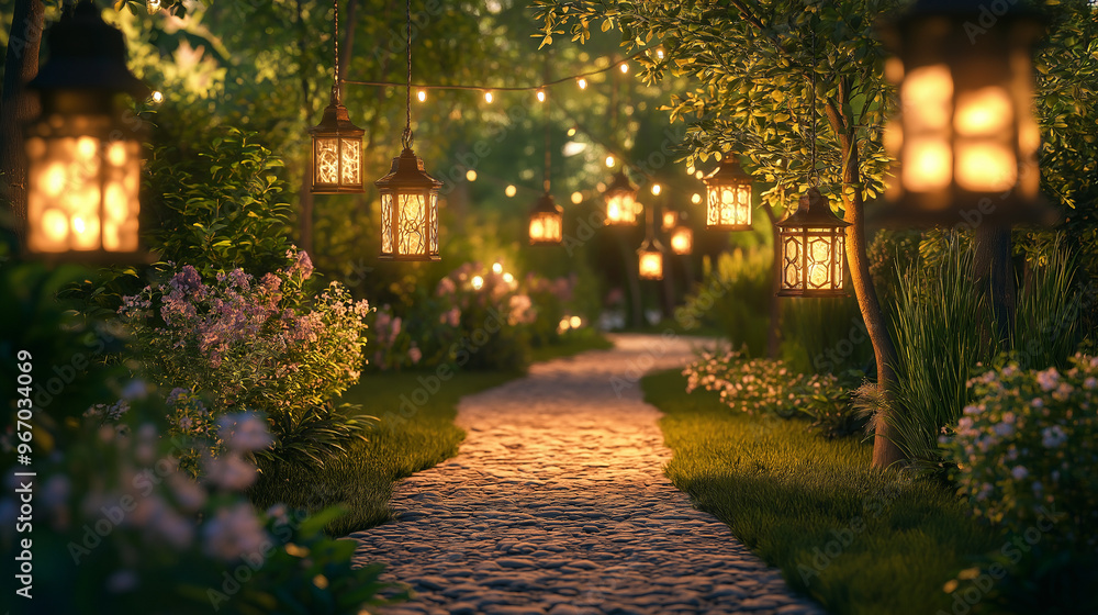 Garden pathway illuminated by multiple hanging lanterns Garden pathway illuminated by multiple hanging lanterns