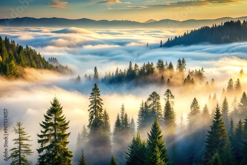 Valley fog and fir trees in western Oregon symmetrical