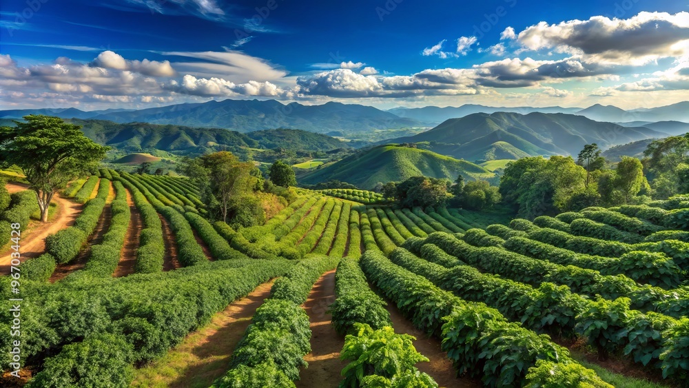 Rows of green coffee trees stand tall, shading the lush terrain, with towering mountains in the distance, set Rows of green coffee trees stand tall, shading the lush terrain, with towering mountains in the distance, set