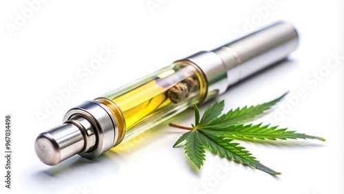 Vape cartridge with cannabis oil distillate and marijuana leafs isolated on white background