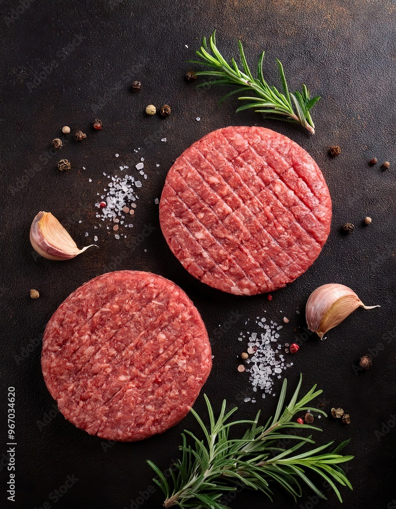 Top down view of raw burger patties seasoned with salt pepper oil herbs and spices on a dark surface Top down view of raw burger patties seasoned with salt pepper oil herbs and spices on a dark surface
