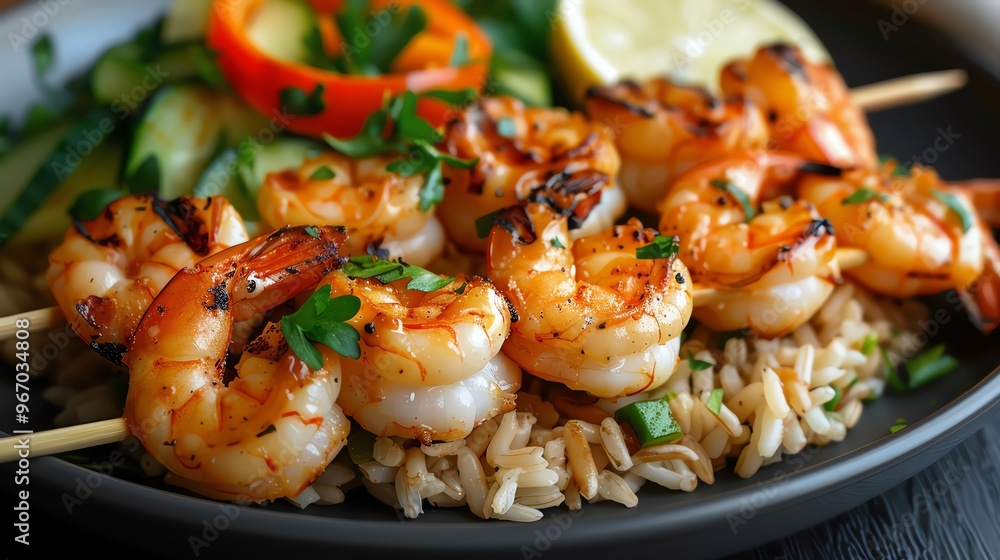 Grilled shrimp skewers served over rice with fresh vegetables and lime, showcasing a vibrant, tasty seafood meal. Grilled shrimp skewers served over rice with fresh vegetables and lime, showcasing a vibrant, tasty seafood meal.