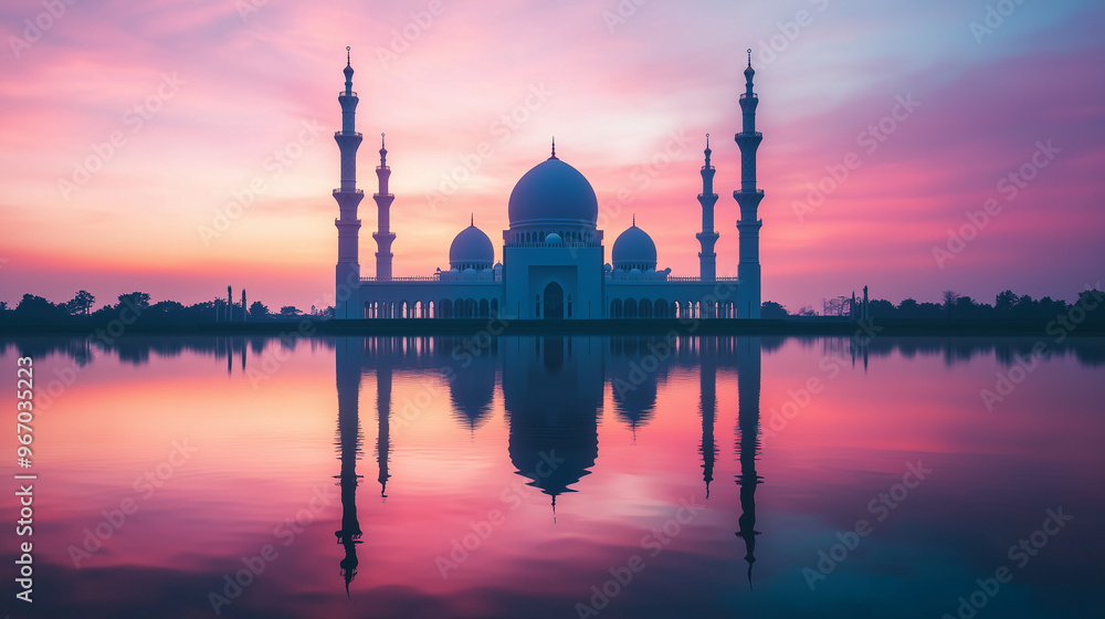 Fototapeta premium Mosque silhouette with reflection on water