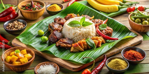 Savory Filipino cuisine reigns supreme on a banana leaf, vibrant colors and aromatic spices harmonizing to tantalize photo