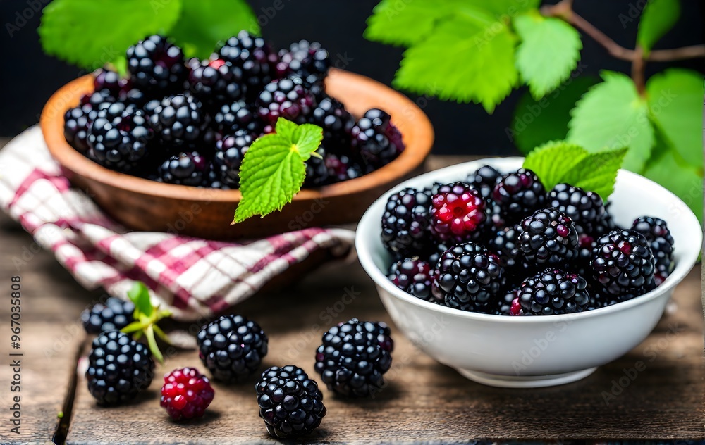 Blackberries in bowls surrounded by green levees on the table. Healthy food. Health and wellness concept. Blackberries in bowls surrounded by green levees on the table. Healthy food. Health and wellness concept.