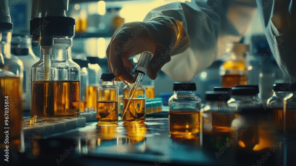 Scientist Using Pipette to Transfer Liquid from Bottle to Smaller Vial Scientist Using Pipette to Transfer Liquid from Bottle to Smaller Vial