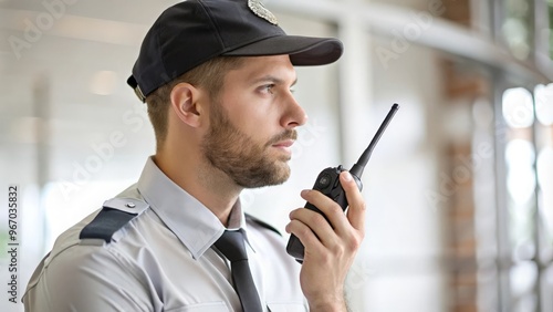 Male Officer Talking into Walkie-Talkie
