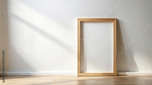Vertical wooden frame on light wall with soft shadows and copy space, minimalist design