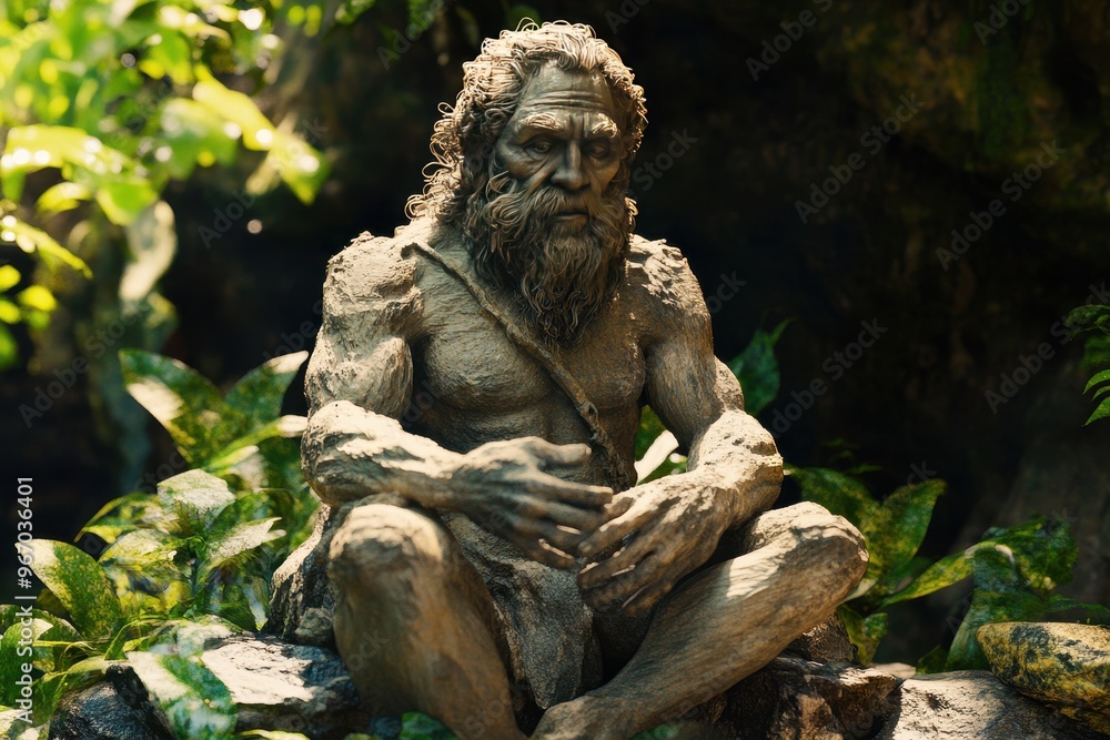 A statue of a man with a beard sits on a rock A statue of a man with a beard sits on a rock