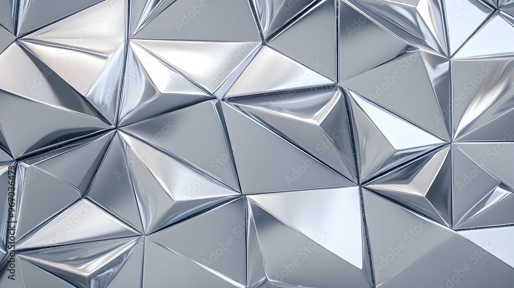 Elegant Metallic Silver Geometric Mosaic Composition with Faceted Crystalline Surfaces Elegant Metallic Silver Geometric Mosaic Composition with Faceted Crystalline Surfaces