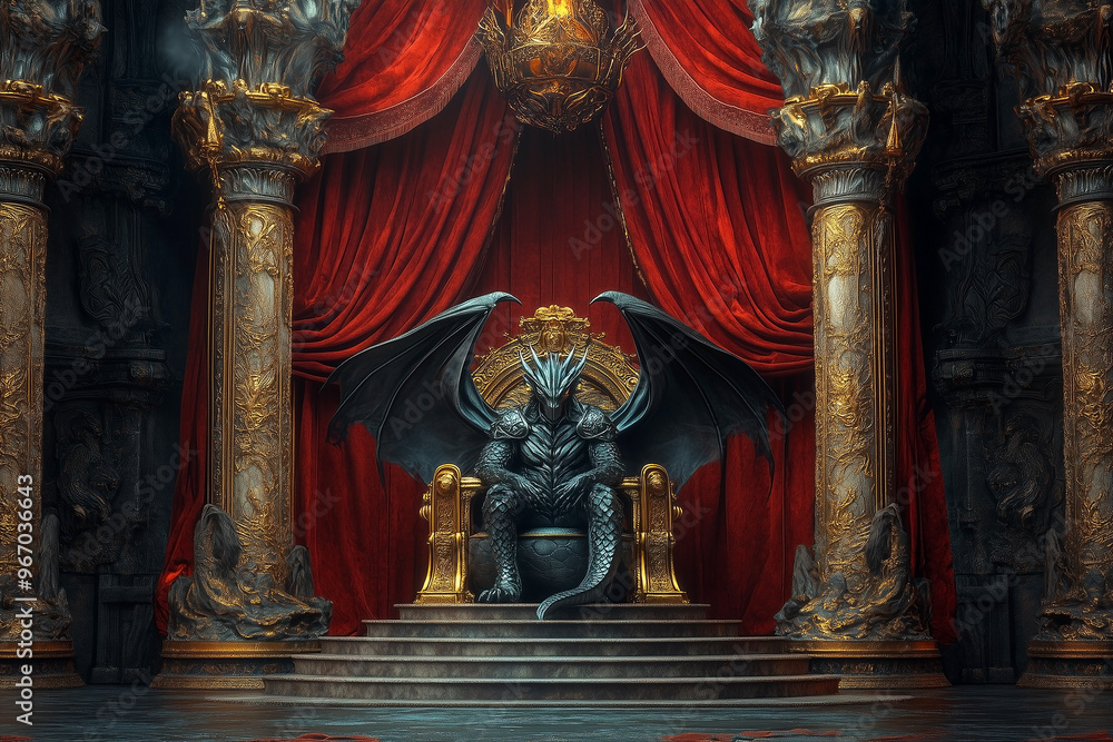 Fototapeta premium Majestic black dragon king sits on ornate throne placed in an opulent throne room.