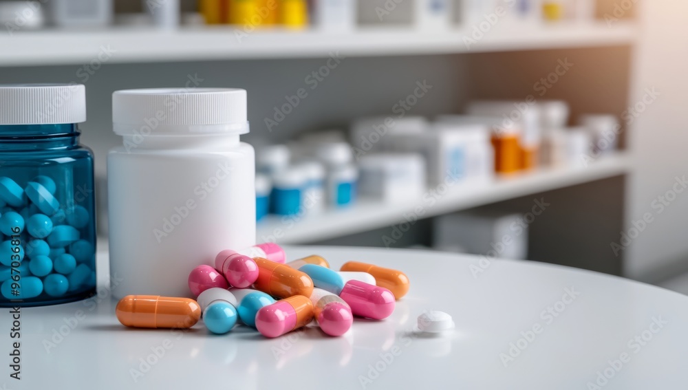 A top view of various pills and capsules