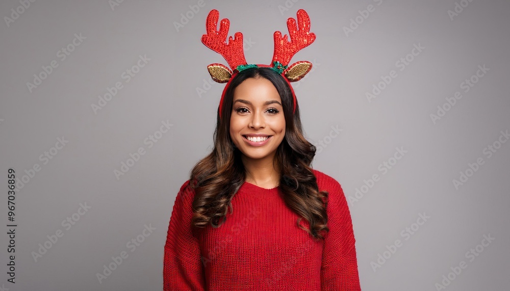 beautiful woman wearing sweater and reindeer horns standing against grey background beautiful woman wearing sweater and reindeer horns standing against grey background