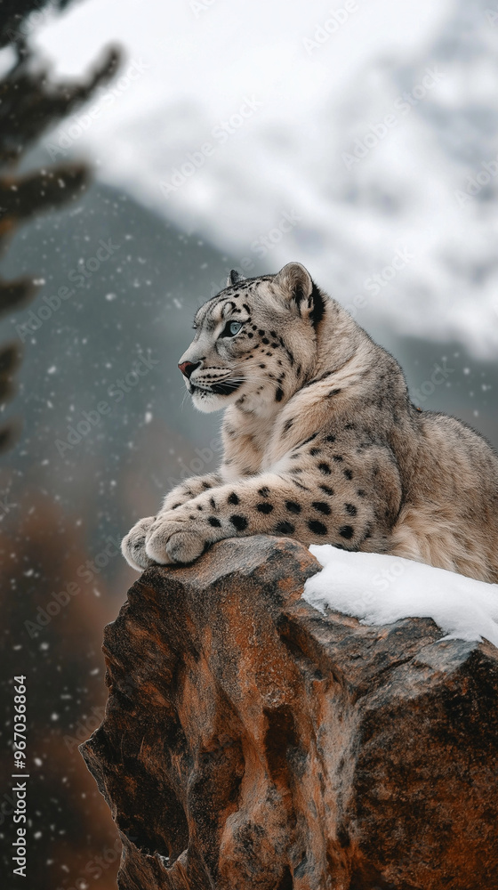 Fototapeta premium Snow leopard resting on a rocky ledge