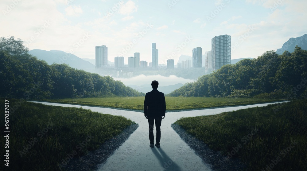 The Crossroads of Ambition: A lone figure contemplates the diverging paths ahead, one leading towards the tranquility of nature, the other towards the bustling metropolis, symbolizing life's The Crossroads of Ambition: A lone figure contemplates the diverging paths ahead, one leading towards the tranquility of nature, the other towards the bustling metropolis, symbolizing life's