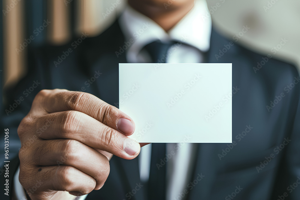 A man is holding a white business card