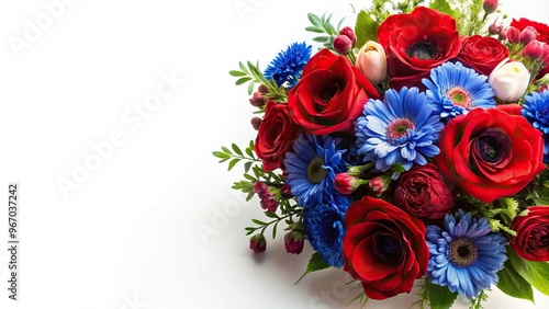 Vibrant bouquet of red and blue flowers against a white background