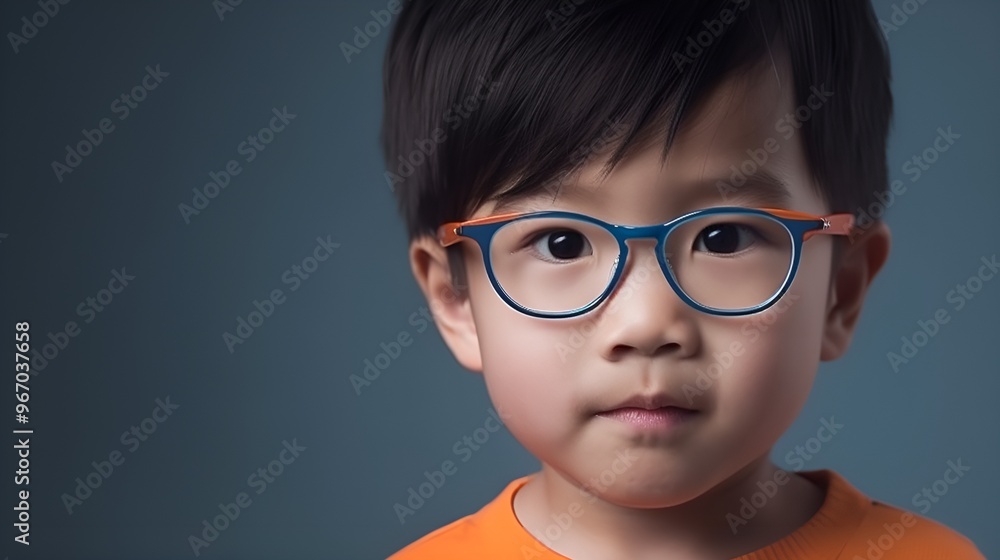 Cute five years old Asian boy with bright blue eyeglasses Cute five years old Asian boy with bright blue eyeglasses