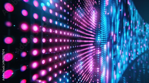 Wallpaper Mural Realistic LED screen on stage. Glowing neon blue and pink dot lights background. Torontodigital.ca