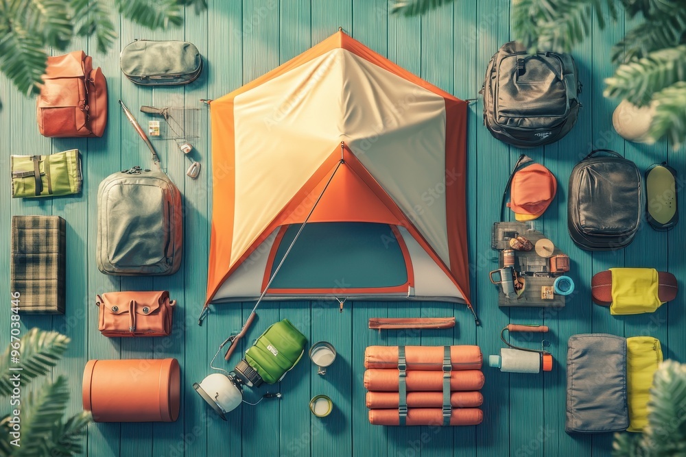 A colorful camping scene with a tent and various backpacks and bags A colorful camping scene with a tent and various backpacks and bags