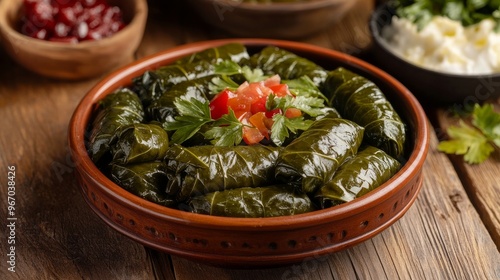 Ylangy Arabic cold mezze or Yalngi Grape leaves Traditional Caucasian Dolma: minced pork wrapped in grape leaves