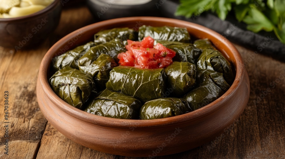 Ylangy Arabic cold mezze or Yalngi Grape leaves Traditional Caucasian Dolma: minced pork wrapped in grape leaves Ylangy Arabic cold mezze or Yalngi Grape leaves Traditional Caucasian Dolma: minced pork wrapped in grape leaves