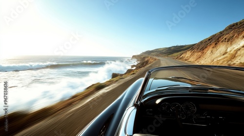 A classic car cruises down a winding coastal road, with waves crashing against the shoreline and clear skies enhancing the picturesque journey