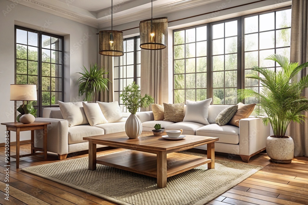 Rustic coffee table near white fabric sofa against window Japandi style home interior design of modern living room Rustic coffee table near white fabric sofa against window Japandi style home interior design of modern living room