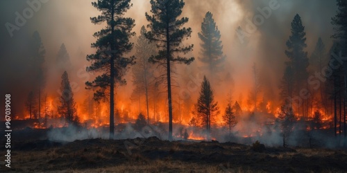 Devastating pine forest fire high smoke and orange flames seen from above in a natural disaster.