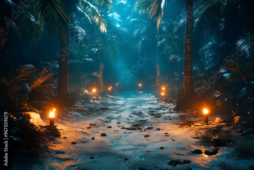 Tropical island with torches during the night. photo