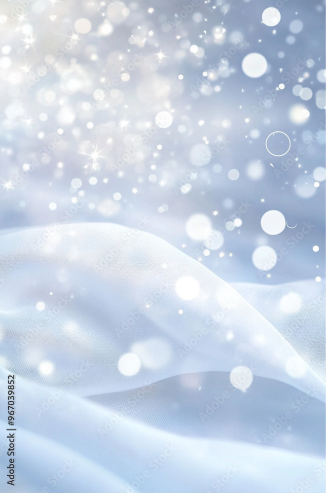 White silk background with blurred light blue circles, white dots, circles in the center of the screen. Blurred edges of light blue spots on the left side of the frame. White cloth White silk background with blurred light blue circles, white dots, circles in the center of the screen. Blurred edges of light blue spots on the left side of the frame. White cloth