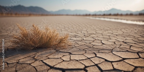 Minimalist landscape of drought land and a dry lake. photo