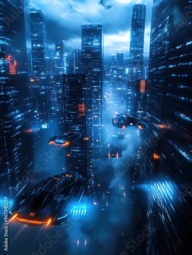 Flying vehicles navigate between tall buildings in a cloud city, showcasing advanced transportation systems and air traffic innovation in a futuristic metropolis.