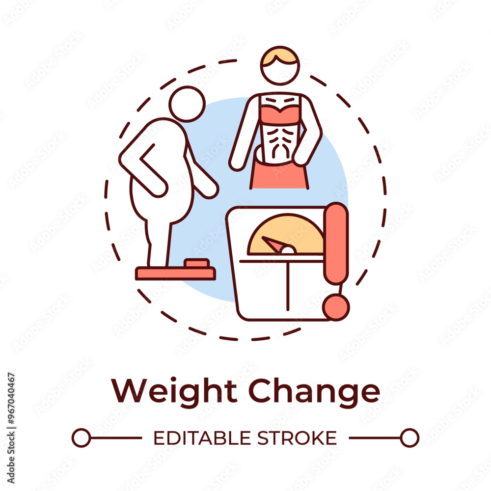 Weight change multi color concept icon. Cancer symptom. Unexpected weight loss and gain. Metabolic syndrome. Round shape line illustration. Abstract idea. Graphic design. Easy to use in article Weight change multi color concept icon. Cancer symptom. Unexpected weight loss and gain. Metabolic syndrome. Round shape line illustration. Abstract idea. Graphic design. Easy to use in article