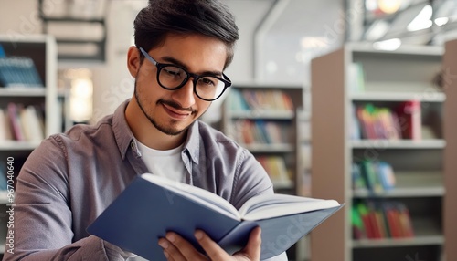 Young male student study in the library reading book