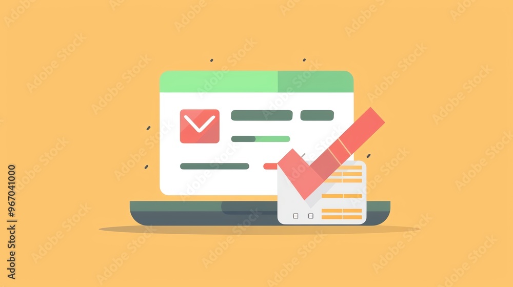 Vector illustration of an online form with a check mark, representing successful submission or approval on a yellow background. Vector illustration of an online form with a check mark, representing successful submission or approval on a yellow background.